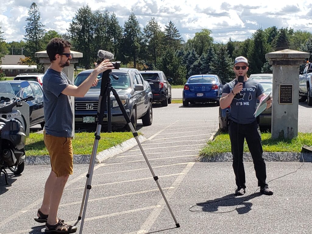 Alu Axelman of Foundation for New Hampshire Independence giving a speech at pro-secession rally Aug. 24, 2022, being filmed by Ian Freeman of Free Talk Live